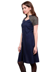 Women's Buttoned Brocade Shoulder Yoke Kurti-PK1130BLUE