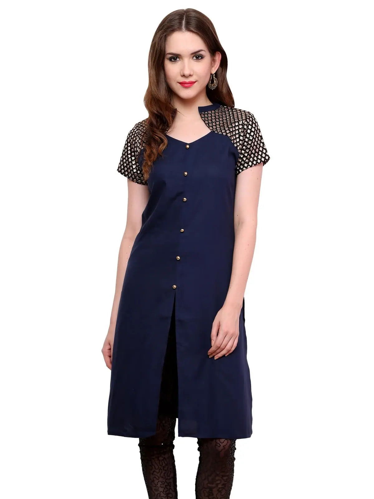 Women's Buttoned Brocade Shoulder Yoke Kurti-PK1130BLUE