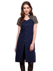 Women's Buttoned Brocade Shoulder Yoke Kurti-PK1130BLUE