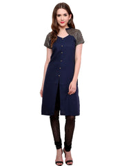 Women's Buttoned Brocade Shoulder Yoke Kurti-PK1130BLUE