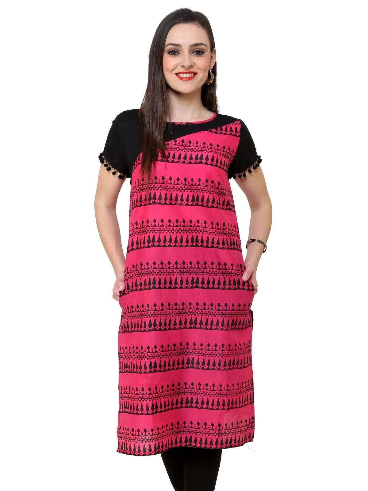 Women's Pink Border Print Lace Kurti