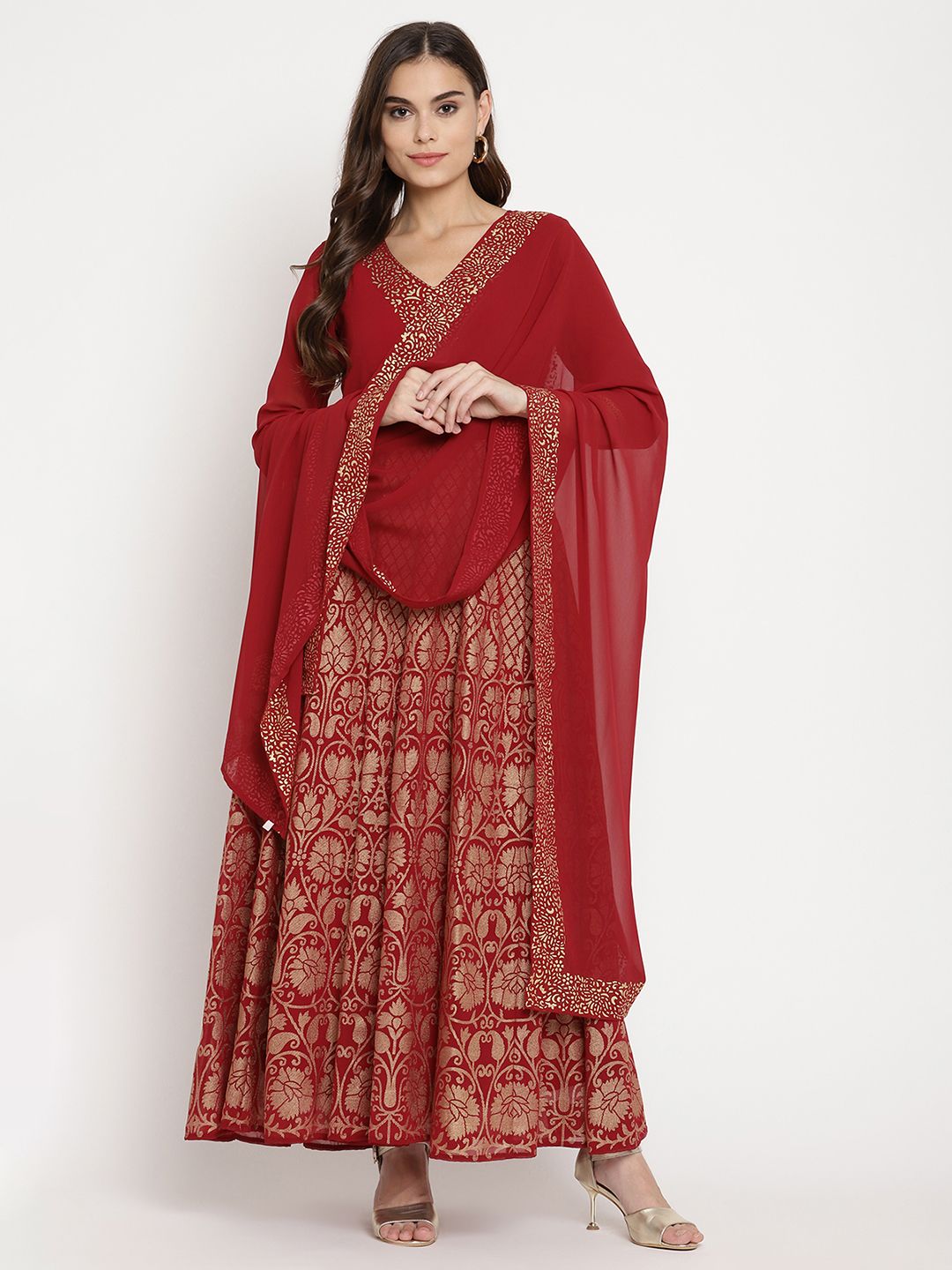 Maroon Gold Print Kurta with Dupatta - Indian Designer Kurta