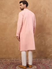 Ethnic Bay Men Peach Silk Blend Solid Solid Straight Kurta With Pant Set-MKSET1506