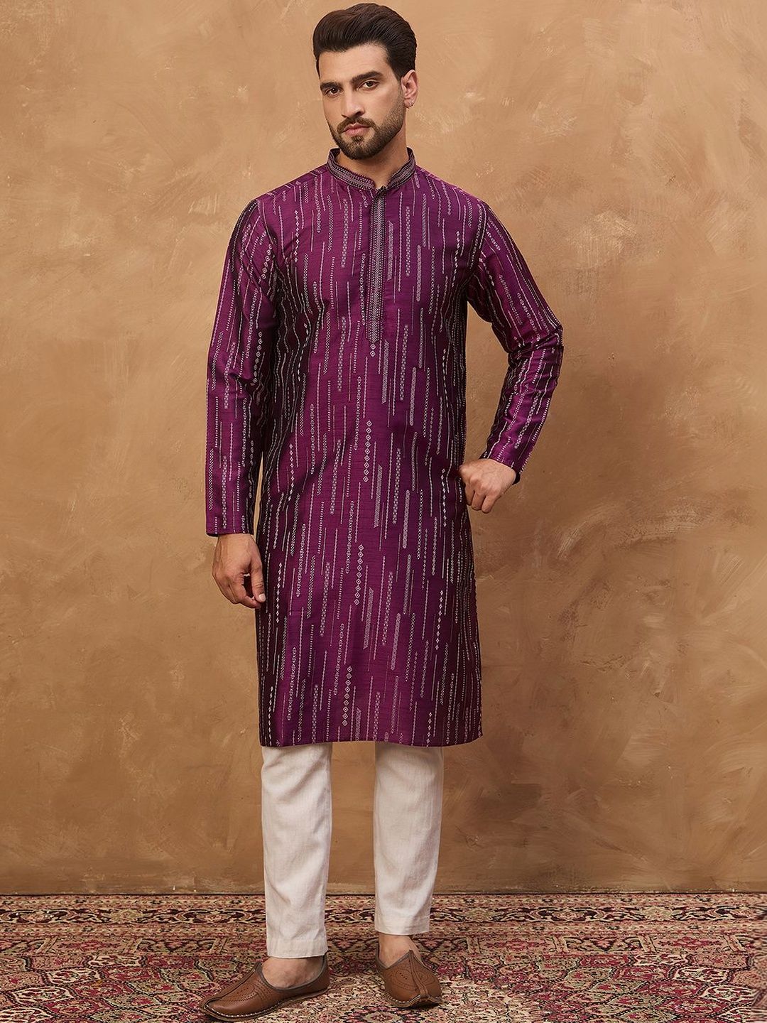 Ethnic Bay Men Purple Silk Blend Geometric Printed Straight Kurta With Pant Set-MKSET1518