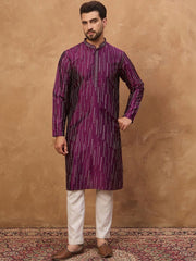 Ethnic Bay Men Purple Silk Blend Geometric Printed Straight Kurta With Pant Set-MKSET1518