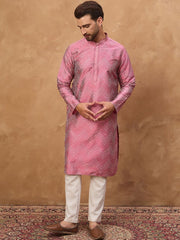 Ethnic Bay Men Pink Silk Blend Geometric Printed Straight Kurta With Pant Set-MKSET1532
