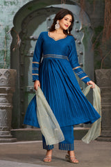 Powder Blue Flared Anarkali Kurta Set with Trousers and Dupatta-CL-KPD-136