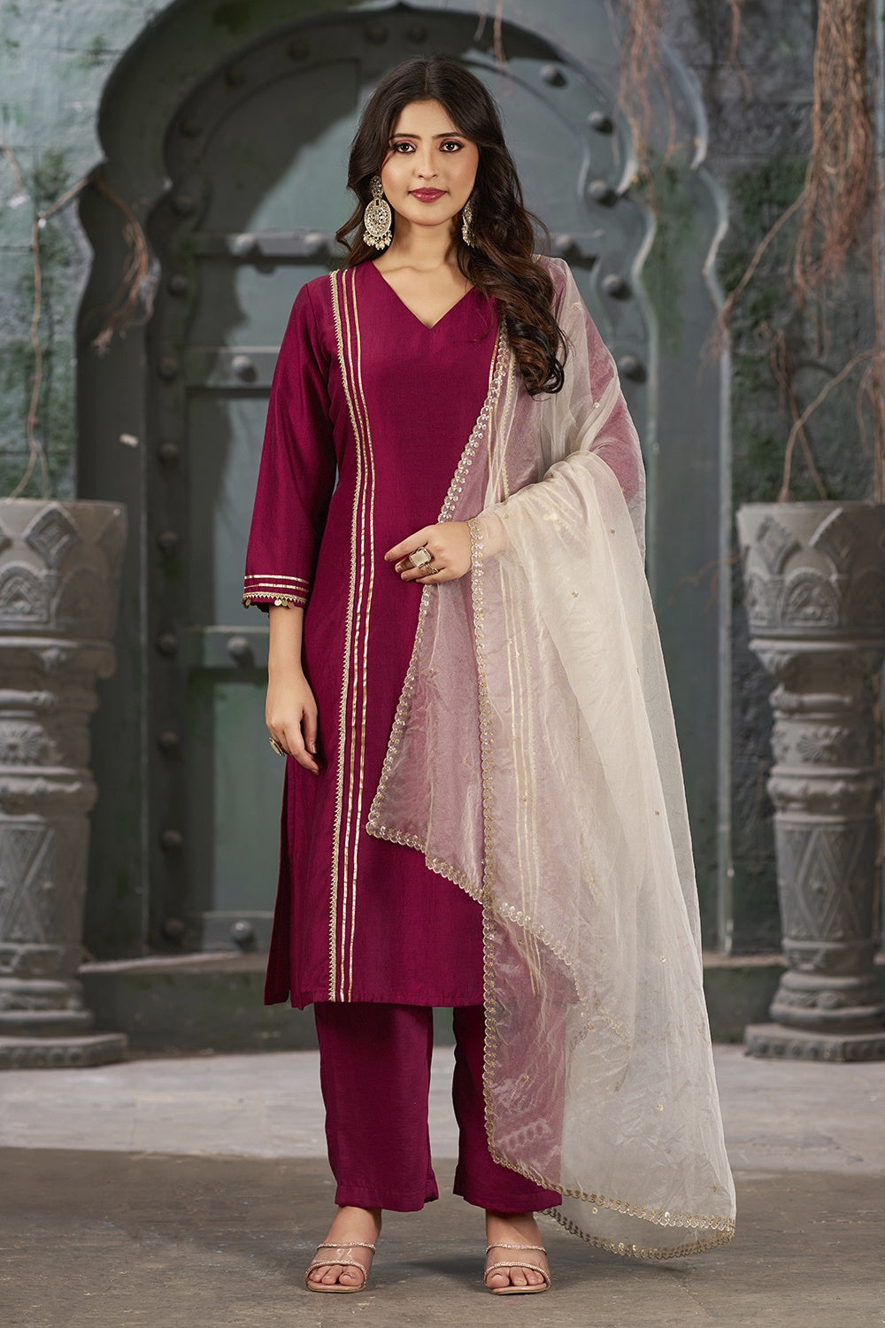 Wine Pink Straight Fit V-Neck Kurta Set with Trousers and Dupatta