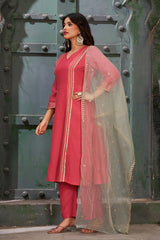 Embroidered Art Silk Rouge Pink Kurta Set with Trousers and Dupatta-CL-KPD-140