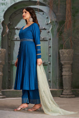 Powder Blue Flared Anarkali Kurta Set with Trousers and Dupatta-CL-KPD-136