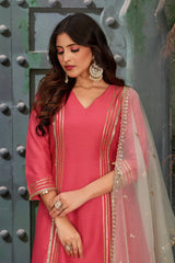 Embroidered Art Silk Rouge Pink Kurta Set with Trousers and Dupatta-CL-KPD-140