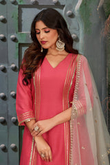 Embroidered Art Silk Rouge Pink Kurta Set with Trousers and Dupatta-CL-KPD-140