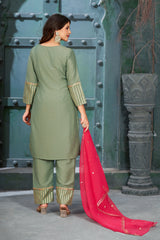 Frog Green Art Silk V-Neck Kurta Set with Trousers and Dupatta-CL-KPD-139