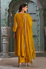 Mustard Alia Cut Anarkali Art Silk Kurta Set with Trousers and Dupatta-CL-KPD-134