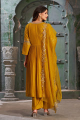 Mustard Alia Cut Anarkali Art Silk Kurta Set with Trousers and Dupatta-CL-KPD-134