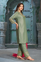 Frog Green Art Silk V-Neck Kurta Set with Trousers and Dupatta-CL-KPD-139