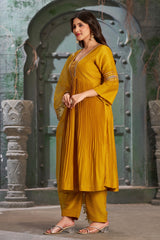Mustard Alia Cut Anarkali Art Silk Kurta Set with Trousers and Dupatta-CL-KPD-134