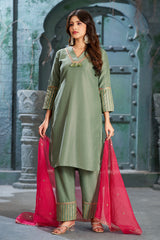 Frog Green Art Silk V-Neck Kurta Set with Trousers and Dupatta-CL-KPD-139