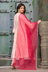 Pink Peach Art Silk Angrakha Neck Kurta Set with Trousers and Dupatta-CL-KPD-137