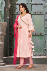 Pink Peach Art Silk Angrakha Neck Kurta Set with Trousers and Dupatta-CL-KPD-137