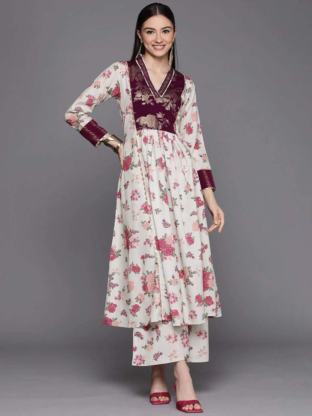 Beige Digital Printed Kurta Palazzo Set | Kurta Palazzo Set