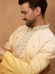 Ethnic Bay Men Yellow Silk Blend Solid Embroidered Straight Kurta With Pant Set-MKSET1486