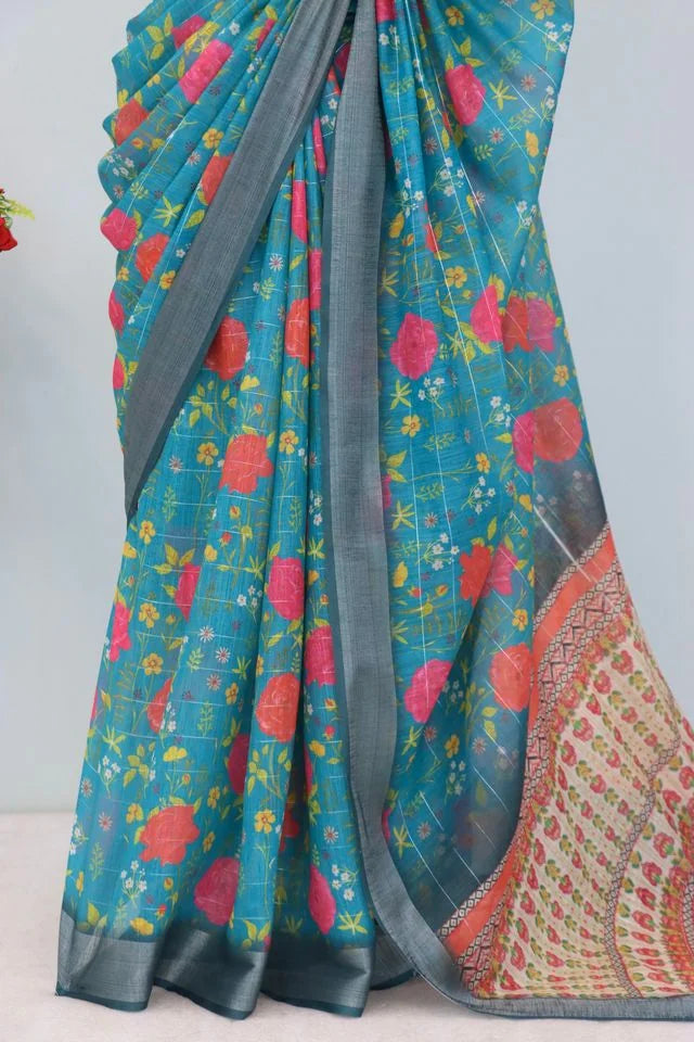 Linen Digital Print Sky Blue Saree With Unstiched Blouse Piece