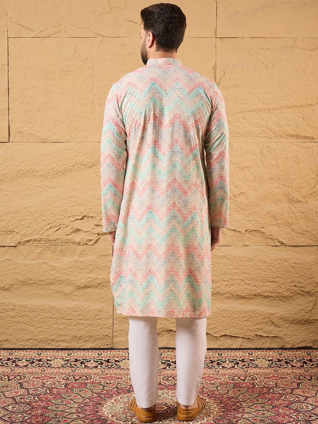 Ethnic Bay Men Multicolour Viscose Rayon Geometric Embroidered Straight Kurta With Pant Set-MKSET1193