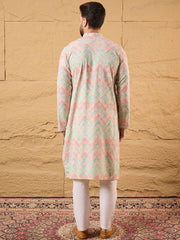 Ethnic Bay Men Multicolour Viscose Rayon Geometric Embroidered Straight Kurta With Pant Set-MKSET1193
