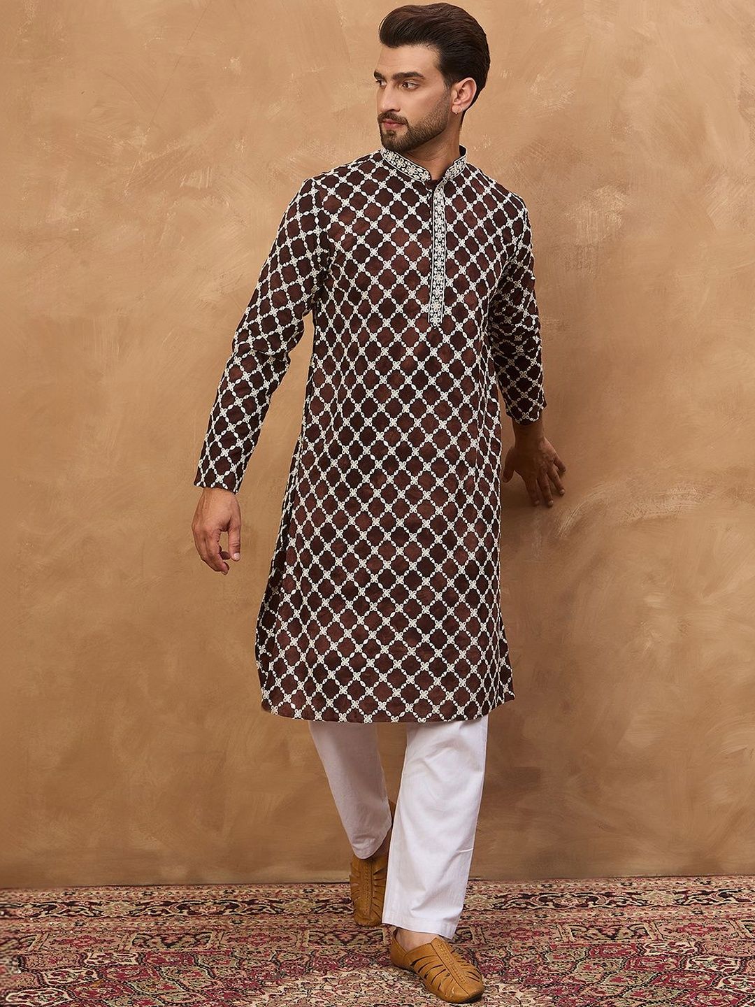 Ethnic Bay Men Brown Viscose Rayon Solid Embroidered Straight Kurta With Pant Set-MKSET1536