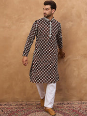 Ethnic Bay Men Brown Viscose Rayon Solid Embroidered Straight Kurta With Pant Set-MKSET1536