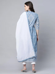 Pastel Blue Pure Cotton Printed Kurta Pant Set With Dupatta-AHKUDUPN-COMBO-482