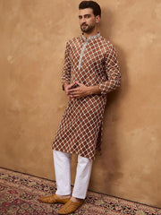 Ethnic Bay Men Brown Viscose Rayon Solid Embroidered Straight Kurta With Pant Set-MKSET1535
