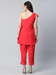 Red Printed Layered Organza Top with Trousers-AHKUPN-COMBO-322-FF