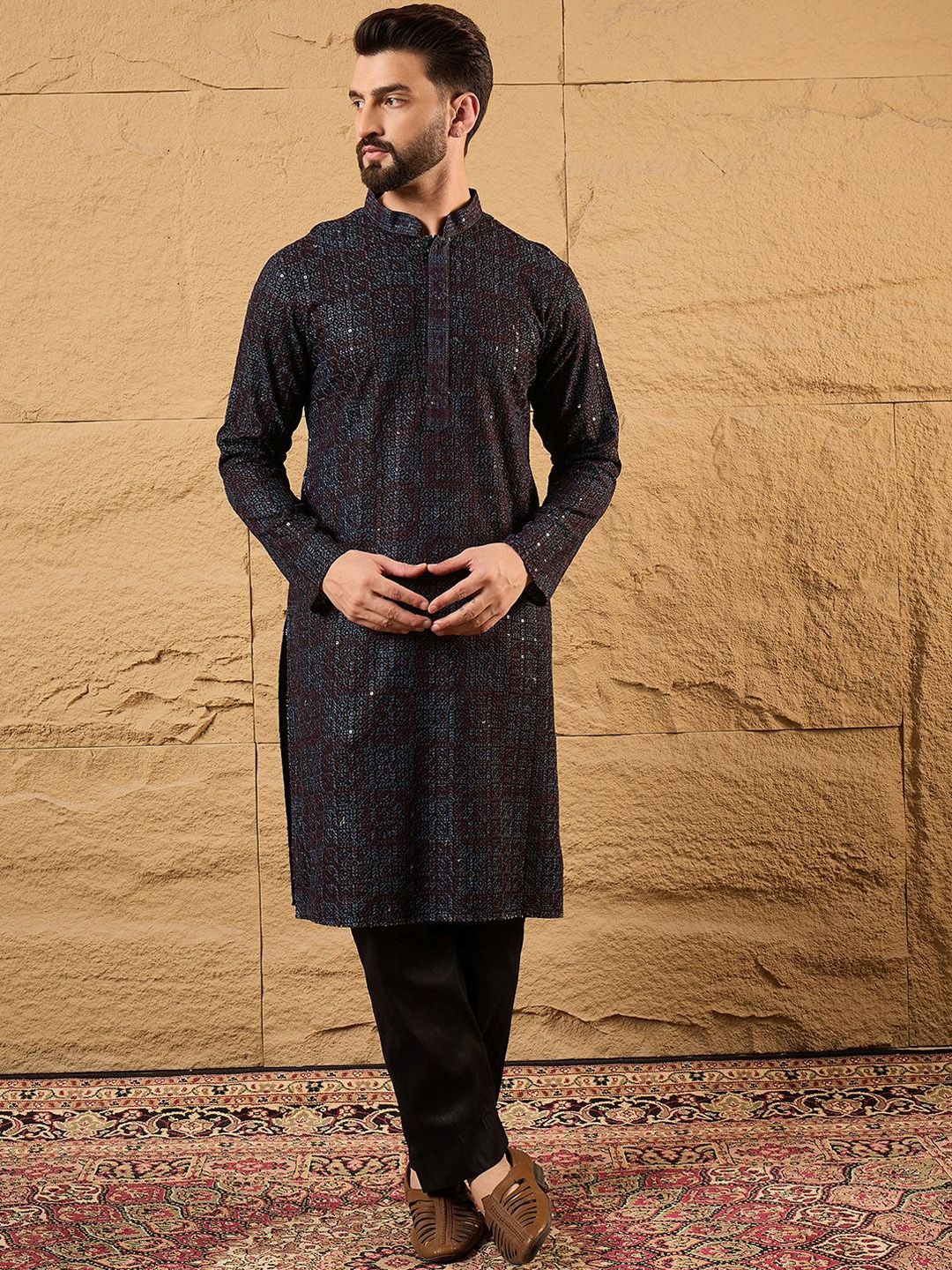 Ethnic Bay Mens Black Viscose Rayon Geometric Embroidered Chikankari Straight Kurta With Pant Set-MKSET1166