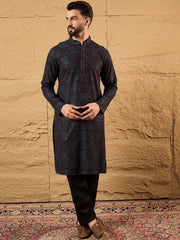 Ethnic Bay Mens Black Viscose Rayon Geometric Embroidered Chikankari Straight Kurta With Pant Set-MKSET1166