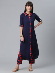 Navy Blue Solid Rayon Kurta with Printed Pant Set-AHKUPN-COMBO-363