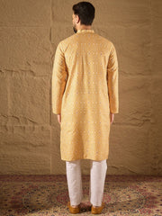 Ethnic Bay Men Yellow Silk Blend Ethnic Motif Embroidered Straight Kurta With Pant Set-MKSET1304