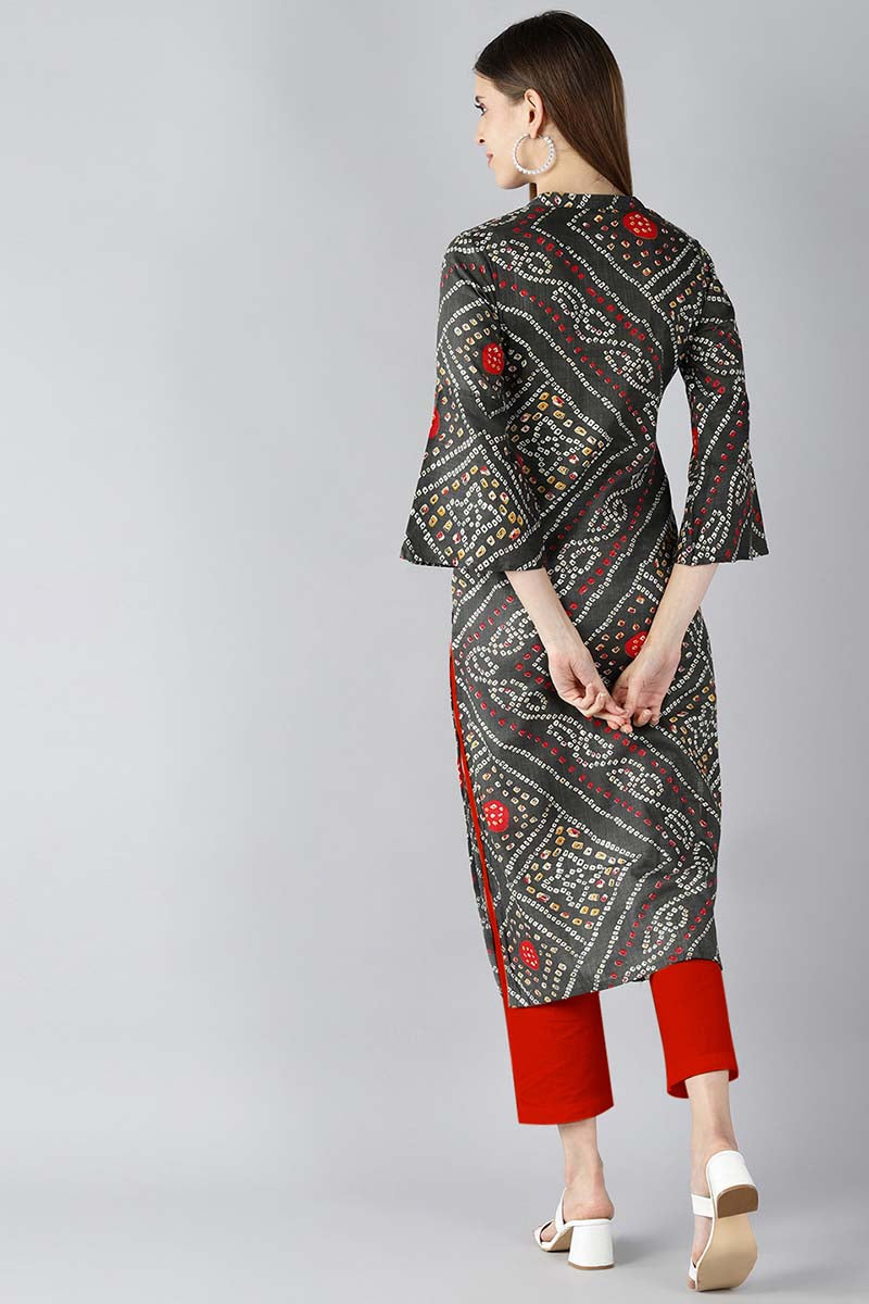 Women Charcoal Grey And Red Bandhani Printed Straight Kurta VCK1810E