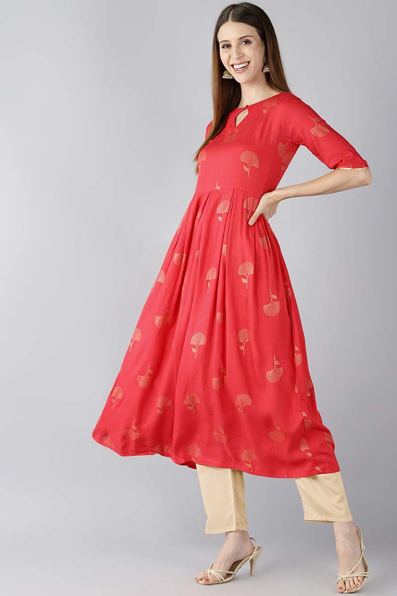 Red Floral Printed Keyhole Neck Kurta VCK8211
