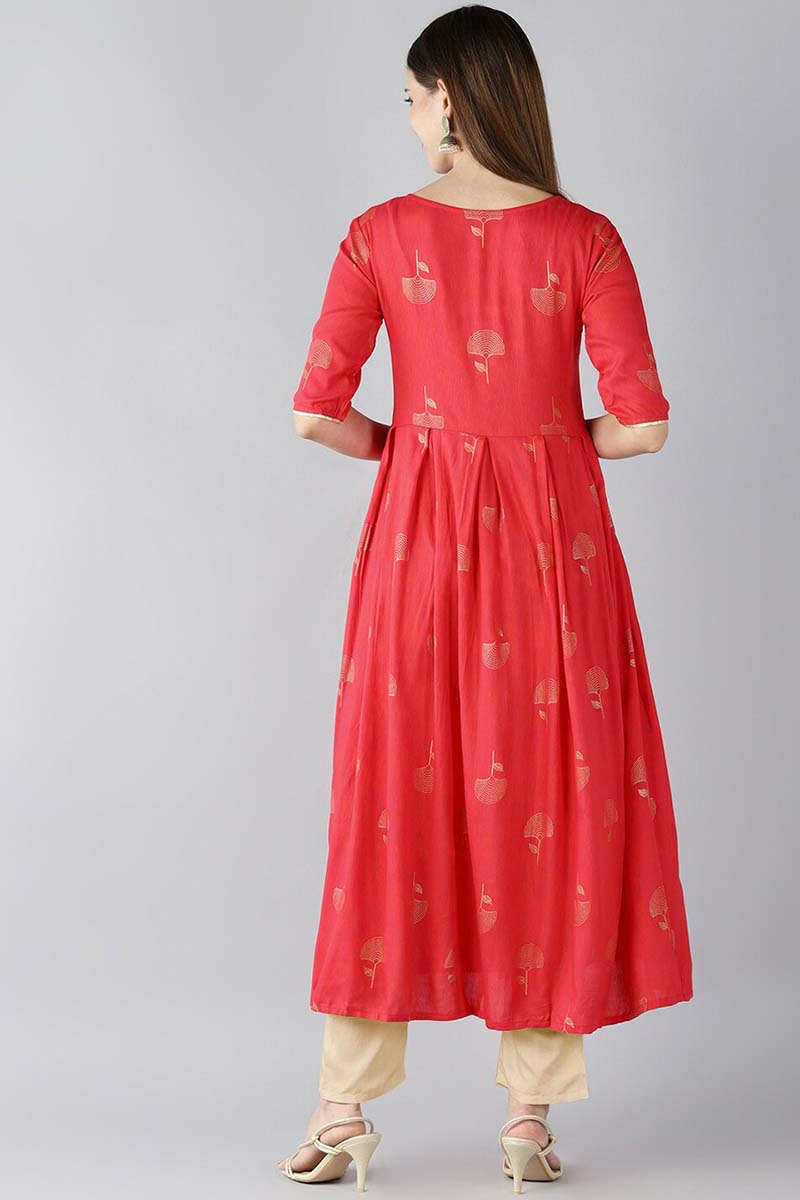 Red Floral Printed Keyhole Neck Kurta VCK8211