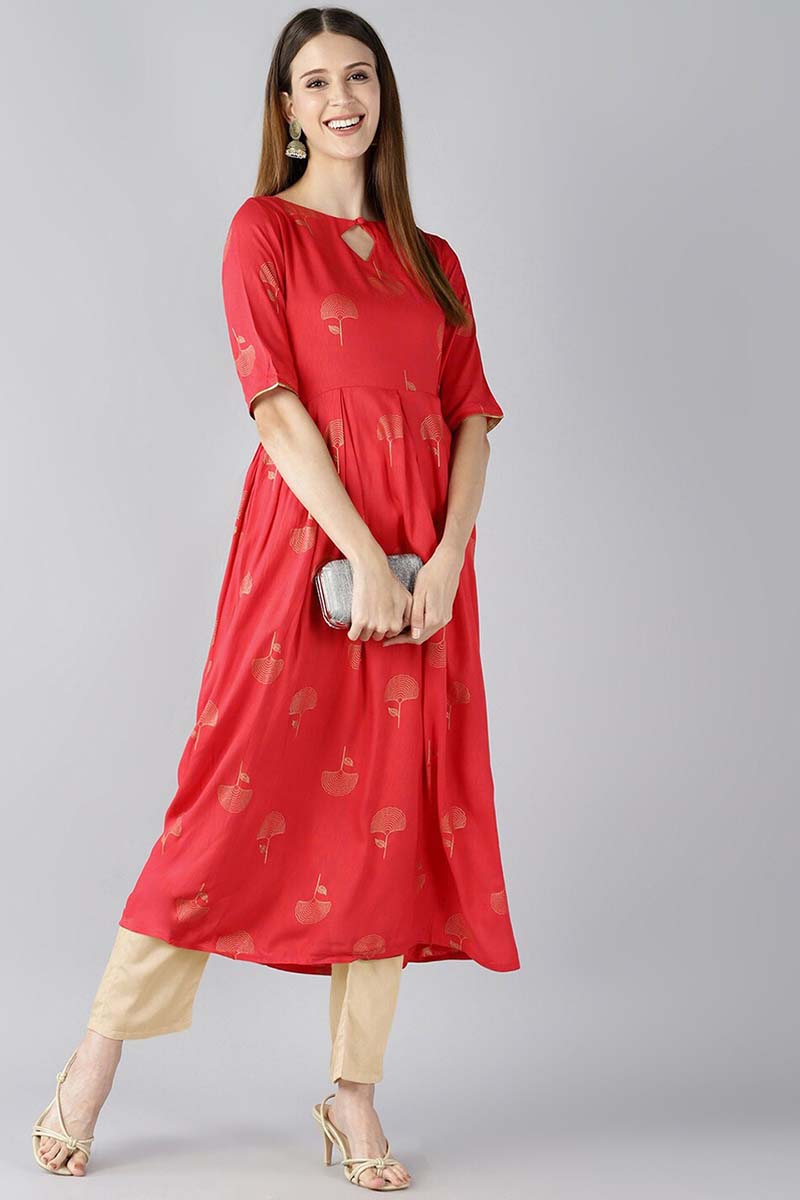 Red Floral Printed Keyhole Neck Kurta VCK8211