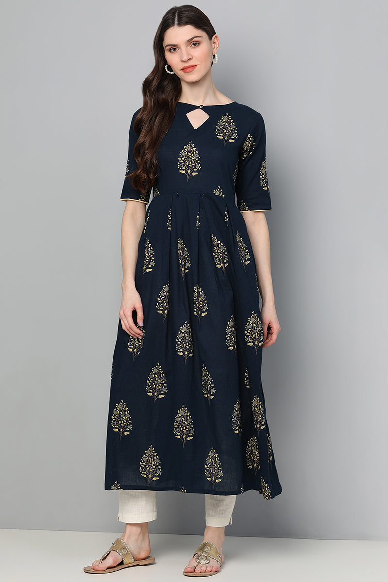 Navy Blue Floral Printed Keyhole Neck Kurta VCK8213 | DesiQlo