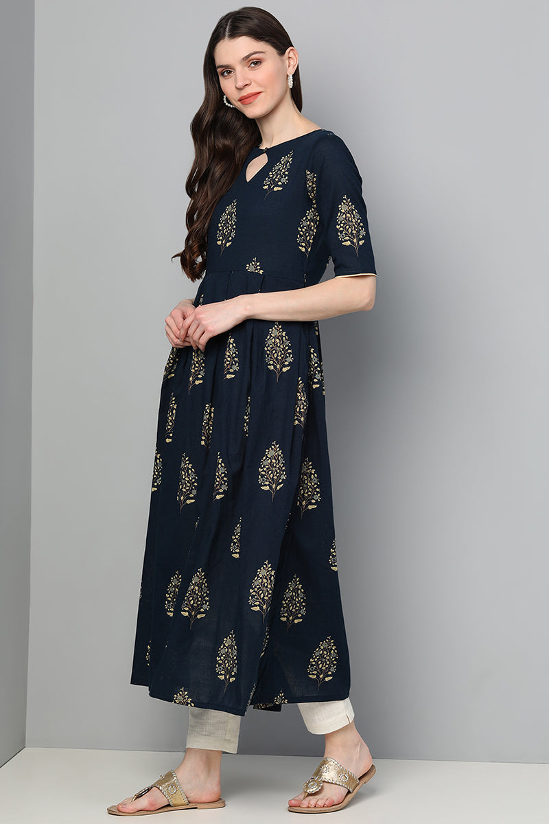 Navy Blue Floral Printed Keyhole Neck Kurta VCK8213 | DesiQlo