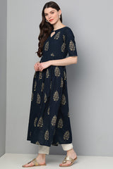  Women Navy Blue Floral Printed Keyhole Neck Kurta 