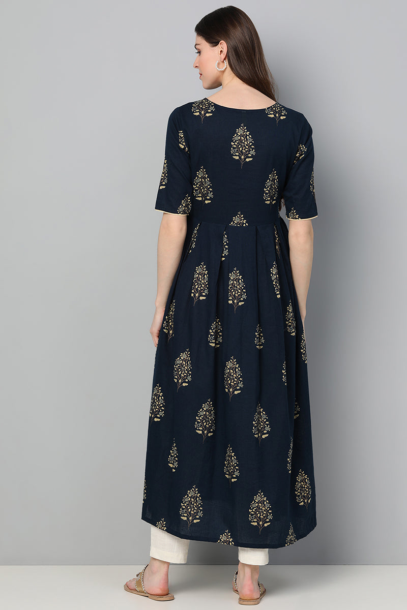 Navy Blue Floral Printed Keyhole Neck Kurta VCK8213 | DesiQlo