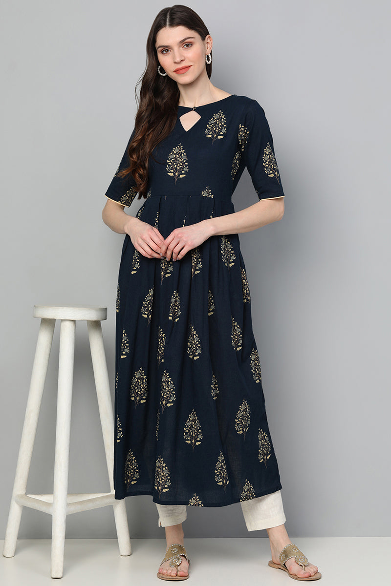 Navy Blue Floral Printed Keyhole Neck Kurta VCK8213 | DesiQlo