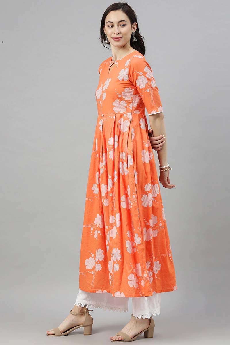 Orange Floral Printed Keyhole Neck Kurta VCK8255