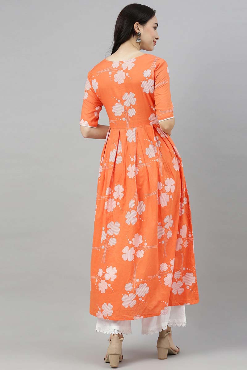 Orange Floral Printed Keyhole Neck Kurta VCK8255