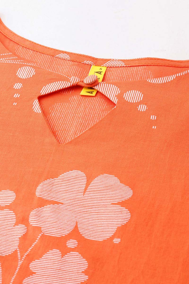 Orange Floral Printed Keyhole Neck Kurta VCK8255